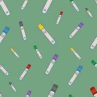 Test tubes. Empty vacuum test tubes for examining patients' blood tests. Seamless vector pattern. Infinitely repeating medical ornament. Isolated green background. Lids in different colors.