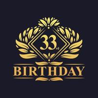 Logotipo de cumpleaños de 33 años, lujosa celebración dorada de 33 cumpleaños. vector