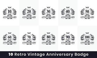 10 Retro Vintage Anniversary Badge Logo. Collection off 10 Anniversary logo for Celebration vector