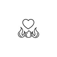 Romance and love concept. Vector monochrome outline signs drawn in flat style. Perfect for advertisement, articles, stores, internet pages. Line icon of heart over flame