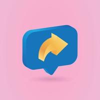 Icono de compartir oro 3d con notificaciones, aislado sobre fondo rosa. Notificación de medios sociales 3d, como diseño de icono de flecha. ilustración vectorial vector