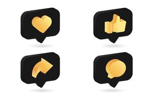 Gold Template 3D Modern Icon Social Media Love Like Comment Share. Elegant 3D social media notification, Comment gold icon design. Vector illustration