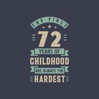 The first 72 years of Childhood are always the Hardest, 72 years old birthday celebration vector