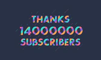 gracias 14000000 suscriptores, 14 millones de suscriptores celebración diseño colorido moderno. vector