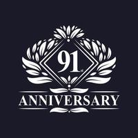 Logotipo del aniversario de 91 años, logotipo floral de lujo del 91 aniversario. vector