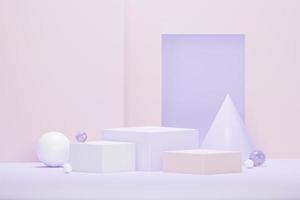 3d render Pastel Green minimal background with podium stand. Purple stage platform for cosmetic product presentation and advertising. Studio scene with showcase pedestal in clean design. photo