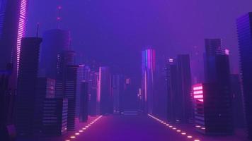 3d render of Cyber night mega city landscape scene. Light glowing and reflection on dark tech scene. Night life. Technology network for 5g. Beyond futuristic of Sci-Fi Capital city and building scene. photo