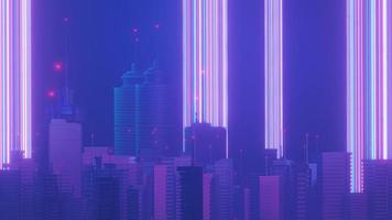 3d render of Cyber night mega city landscape scene. Light glowing and reflection on dark tech scene. Night life. Technology network for 5g. Beyond futuristic of Sci-Fi Capital city and building scene. photo
