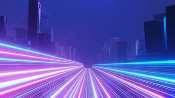 3d render of Cyber night mega city landscape scene. Light glowing and reflection on dark tech scene. Night life. Technology network for 5g. Beyond futuristic of Sci-Fi Capital city and building scene. photo