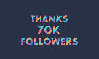 gracias 70k seguidores, 70000 seguidores celebración diseño colorido moderno. vector