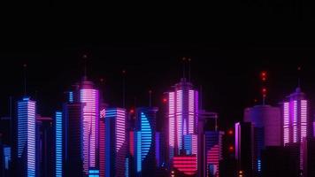 3d render of Cyber night mega city landscape scene. Light glowing and reflection on dark tech scene. Night life. Technology network for 5g. Beyond futuristic of Sci-Fi Capital city and building scene. photo