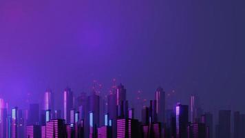 3d render of Cyber night mega city landscape scene. Light glowing and reflection on dark tech scene. Night life. Technology network for 5g. Beyond futuristic of Sci-Fi Capital city and building scene. photo