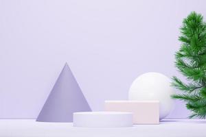 3d render Pastel Green minimal background with podium stand. Purple stage platform for cosmetic product presentation and advertising. Studio scene with showcase pedestal in clean design. photo