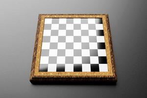 Ilustración 3d Lindo tablero de ajedrez de madera sobre fondo negro. tablero de ajedrez vacío foto