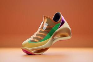 3D illustration of a concept shoe for the metaverse. Colorful  sports boot sneaker on a high platform. photo