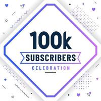 gracias 100k suscriptores, celebración de 100000 suscriptores diseño moderno y colorido. vector