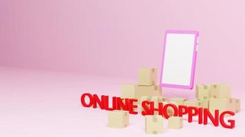 Online shopping concept, cell phone and Paper cartons or parcel laid on pink background, 3D render. photo