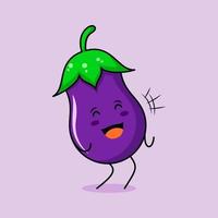 cute eggplant character with smile and happy expression, close eyes and mouth open. green and purple. suitable for emoticon, logo, mascot and icon vector