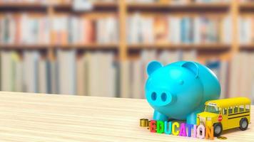 The blue piggy bank and school bus image for saving to education 3d rendering photo