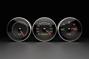 Black dashboard,  speedometer showing the year 2022,2023, months and days. 3D illustration
