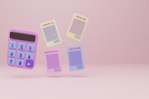 calculadora rosa pastel y billetes con fondo rosa pastel, presentación 3d, ilustración 3d, color moderno, diseño minimalista. foto