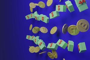 moneda de bitcoin y dólar con fondo azul y espacio de copia, presentación 3d, ilustración 3d, color moderno, diseño minimalista. foto