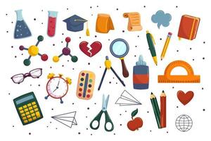 Cartoon collection with school equipment. Back to school supplies - chemistry tube and pencils, pen and scissors. Hand drawn vector illustrations.