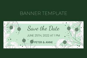 plantilla de banner horizontal de boda floral en estilo de garabato dibujado a mano, guarde el diseño de la tarjeta de invitación de fecha con flores y hojas de línea, puntos y bayas. vector