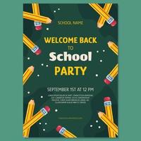 Plantilla de póster de fiesta de regreso a la escuela con lápiz amarillo clásico con borrador. los lápices están dispuestos en círculo contra una pizarra escolar verde. vector