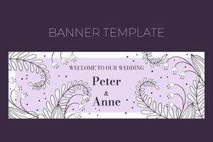 Floral wedding horizontal banner template in hand drawn doodle style, Welcome to our wedding invitation card design with line flowers, leaves, fern and dots. Vector decorative frame