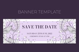 Floral wedding horizontal banner template in hand drawn doodle style, Save tha date invitation card design with line flowers, leaves, fern and dots. Vector decorative frame on white and lilac