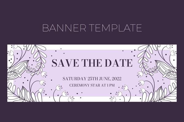 Floral wedding horizontal banner template in hand drawn doodle style, Save tha date invitation card design with line flowers, leaves, fern and dots. Vector decorative frame on white and lilac