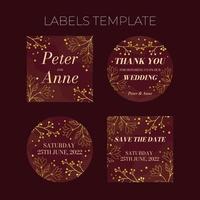 Floral wedding Labels template in elegant golden style, invitation card design with gold flowers with leaves, dots and berries. Vector decorative frame  on rich red background.