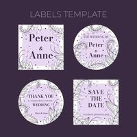 Floral wedding Labels template in hand drawn doodle style, invitation card design with line flowers, leaves, fern and dots. Vector decorative frame on white and lilac background.