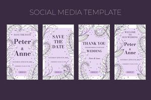 Floral wedding vertical social media template in hand drawn doodle style, invitation card design with line flowers, leaves, fern and dots. Vector decorative frame on white and lilac background.