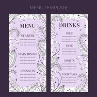 Floral wedding Menu template in hand drawn doodle style, invitation card design with line flowers, leaves, fern and dots. Vector decorative frame on white and lilac background.