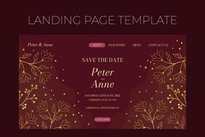 Floral wedding Landing page template in elegant golden style, invitation card design with gold flowers with leaves, dots and berries. Vector decorative frame  on rich red background.