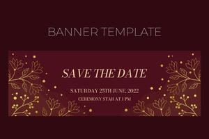 Floral wedding horizontal banner template in elegant golden style, Save the date, invitation card design with gold flowers with leaves, dots and berries. Vector decorative frame on rich red