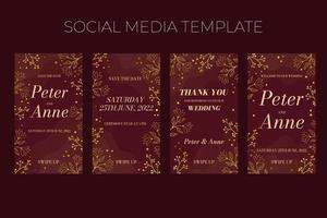 Floral wedding vertical social media template in elegant golden style, invitation card design with gold flowers with leaves, dots and berries. Vector decorative frame  on rich red background.