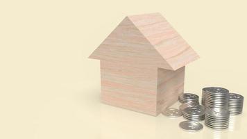The wood home and money coins for property or business concept 3d rendering photo