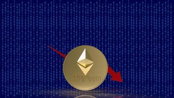 la moneda ethereum y el gráfico de flechas rojas en la representación digital de fondo 3d foto