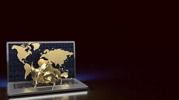The gold bull on notebook for business background 3d rendering photo
