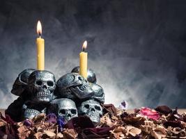 Skulls with candle burning and dried flowers on dark background. photo