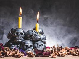 Skulls with candle burning and dried flowers on dark background. photo