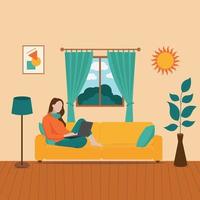Illustration of a girl sitting at her living room vector