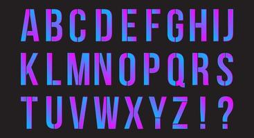 Minimalist urban digital neon alphabet. Gradient stencil english letters isolated on black background vector