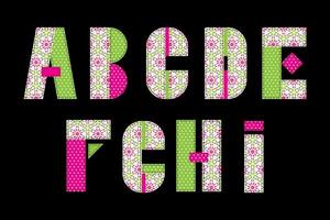 Colorful patchwork english alphabet. Isolated quilt letters in scrapbook style. vector