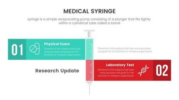 comparación 2 concepto de infografía de jeringa médica de vacuna para presentación de diapositivas con comparación de lista de 3 puntos vector