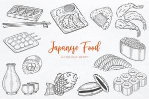 Japan or japanese food set collection with hand drawn sketch vector