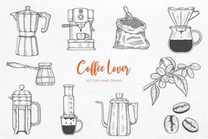 colección de conjunto de amantes del café con vector de boceto dibujado a mano